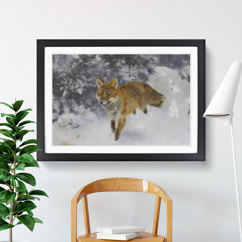 Fox in the Snow Vol.3 by Bruno Liljefors - Picture Frame Painting, 48cm H x 65cm W x 2cm D, Black Framed