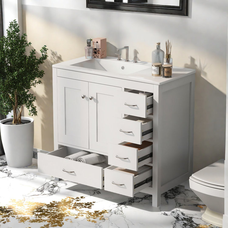 Meuble-lavabo en bois compact avec rangement et lavabo en céramique