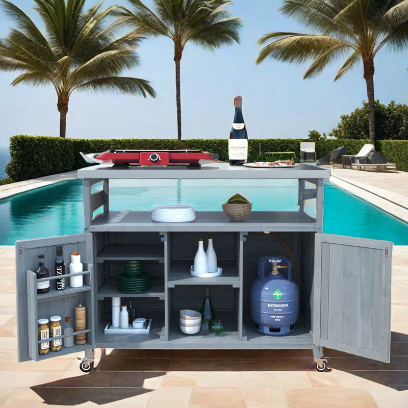 Îlot de cuisine d'extérieur avec plateau en acier inoxydable Leokadia, Bleu