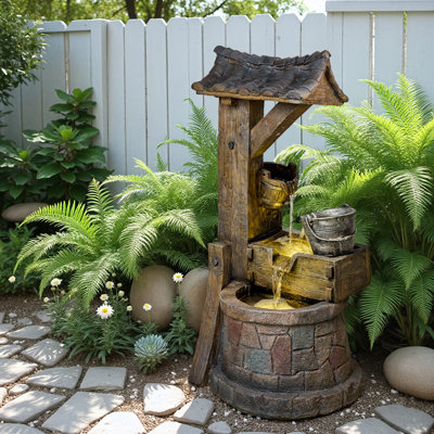 Vintage Wood Barrel & Iron Bucket Fountain with LED Lights – Tiered Outdoor Water Feature for Patio or Garden