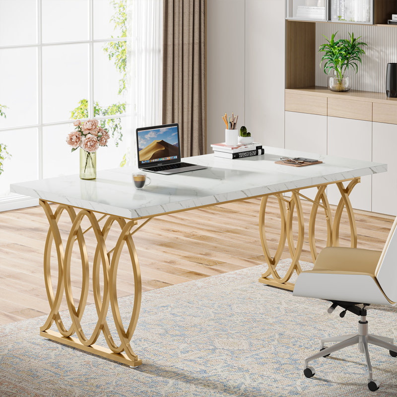 Executive Desk, 63" W Large Computer Desk, Gold, White Marble
