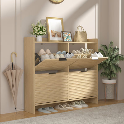 Shoe Storage Cabinet With 4 Flip Drawers, Hidden Slim Shoe Rack Cabinet With Adjustable Shelf, Wooden Shoe Organizer For For Narrow Entryway, Hallway, Bedroom, Oak
