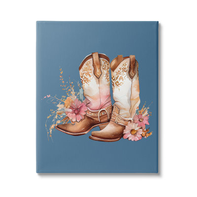 " Floral Cowgirl Boots On Blue " by Birch&Ink