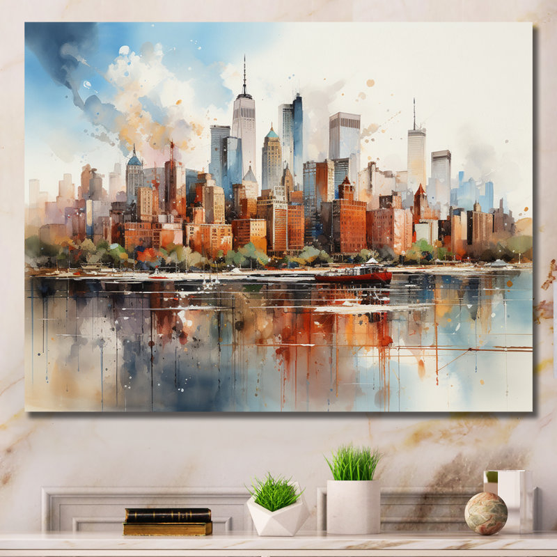 Dreamy New York Scenery Retro Watercolor - Print, Wrapped Canvas, 16" H x 32" W x 1" D