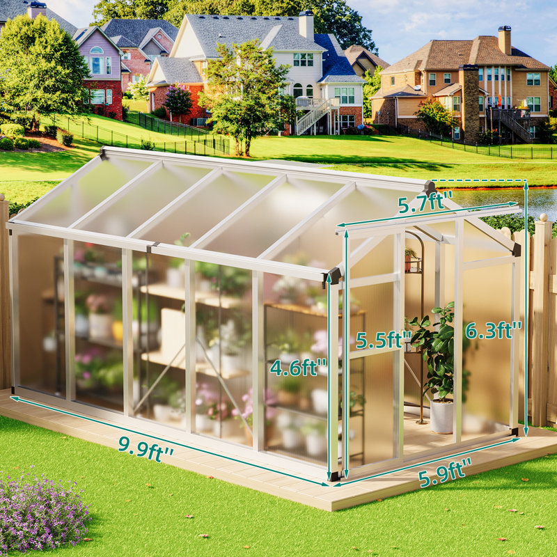 Enjyam All-Season Walk-In Polycarbonate Greenhouse for Outdoors, Heavy-Duty Aluminum Frame - UV Protection Panels - Roof Vent, Lockable Sliding Door, Easy Assembly 6x10x6.5 ft, Original Color (Box A)