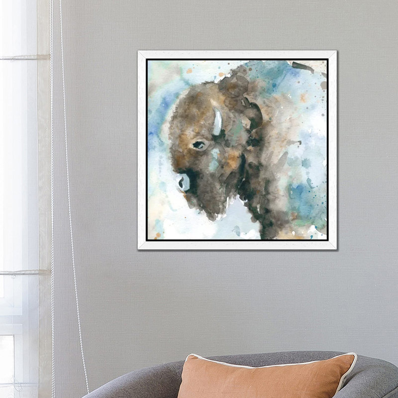 Buffalo On Blue by Carol Robinson - Floater Frame Painting on Canvas, 45.72 cm H x 45.72 cm W, White