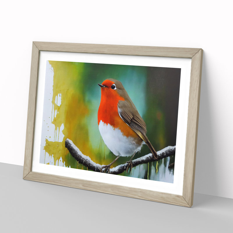 Epic Robin Bird - Framed Print, 34cm H x 46cm W x 2cm D, Oak
