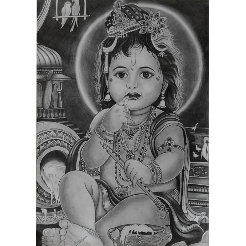 «Little Krishna» tenant une flûte au fusain, dessin sur papier - Art spirituel traditionnel indien de 23,4 po x 16,5 po par Krutik Jangir