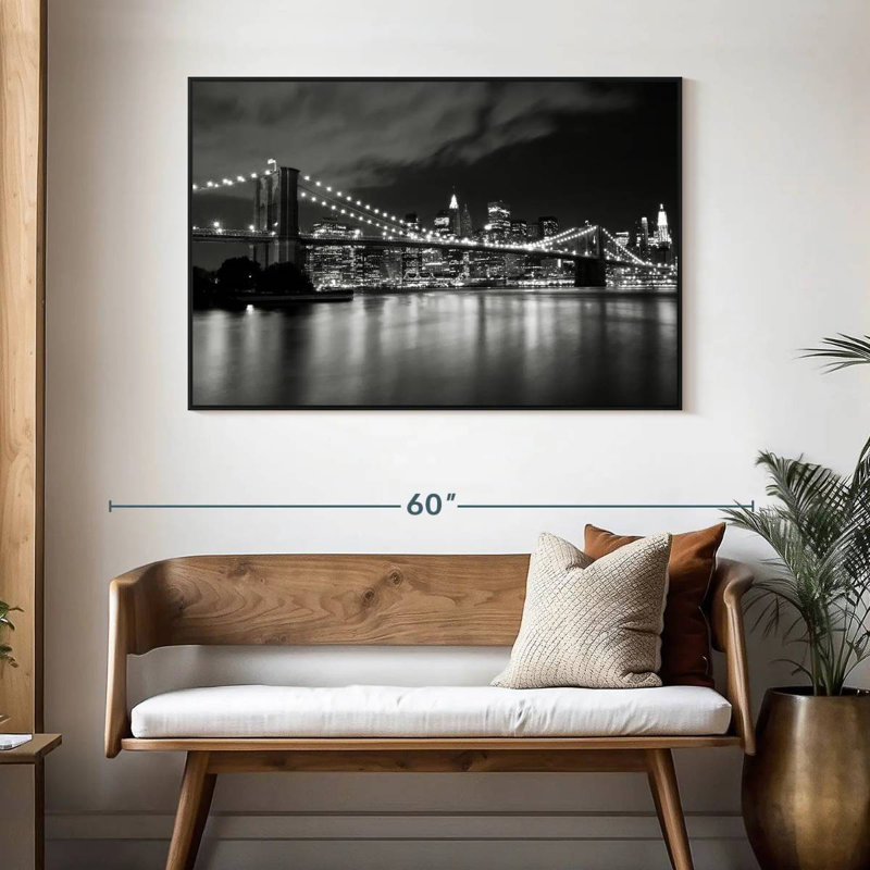 Pont de Brooklyn la nuit, 46 po x 31 po, Cadre flottant noir