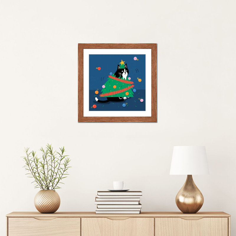 Arbre de Noël chat - reproduction d'art murale - papier d'art encadré, H 16 po x l 16 po, Brun