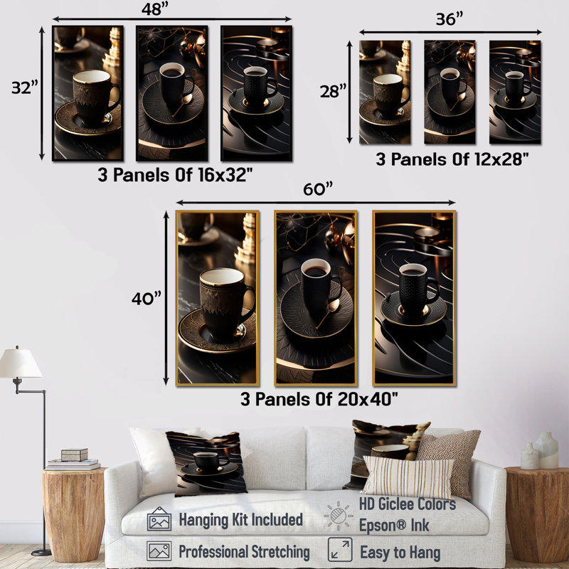 «Black Coffee Espresso Eclipses», ensemble de 4 reproductions d'art sur toile, H 40 po x l 60 po, Cadre flottant blanc