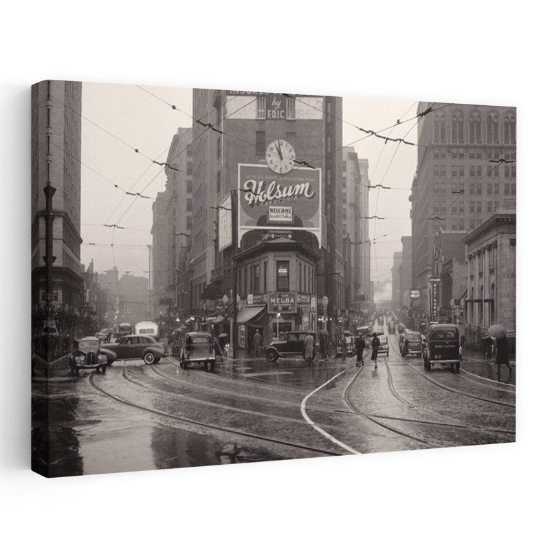 1930s 1940s RAINY DAY PEDESTRIANS CARS TROLLY TRACKS INTERSECTION PEACHTREE STREET AND FORSYTH BUSINESS DISTRICT ATLANTA GA USA 1 Piece Wrapped Canvas Wall Art