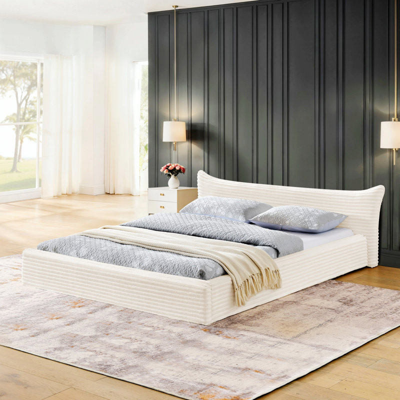 Structure de lit tapissier avec tête de lit courbée décorative pour la chambre à coucher, Beige