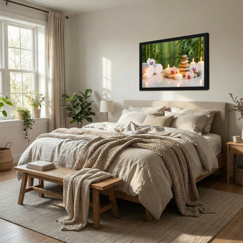 Mode Spa Pierres Bougies Serviettes Orchidées Sur Fond Bambou Sérénité Paisible, H 12 po x l 18 po