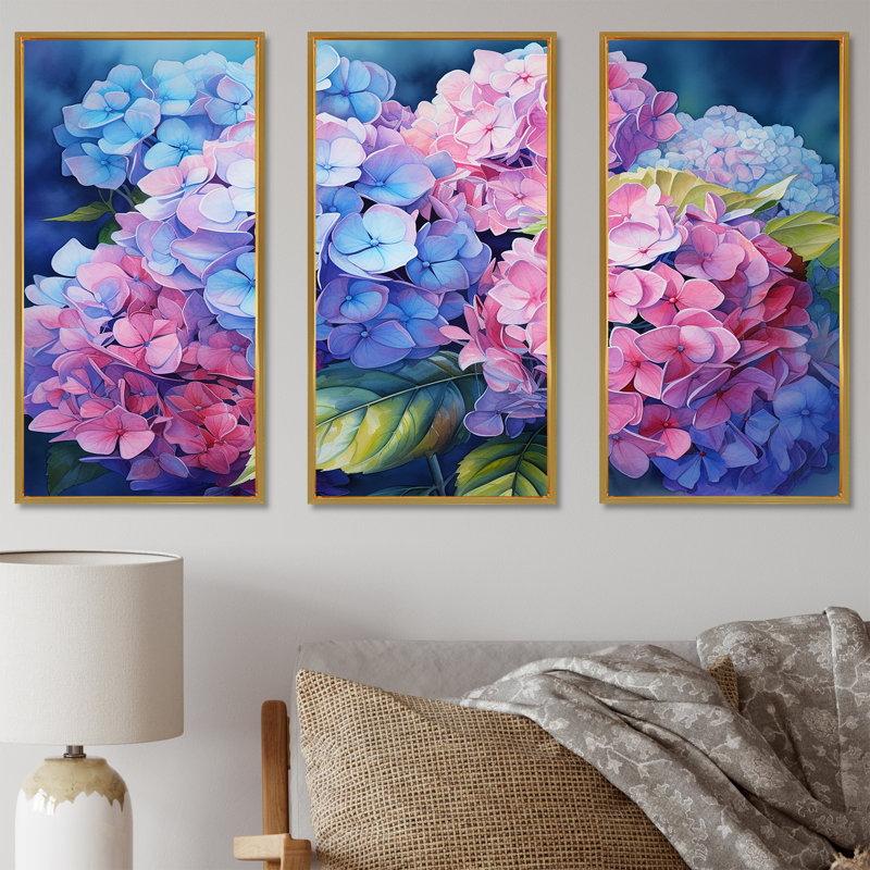 Ensemble d'hortensias muraux roses et mauves, coucher de soleil I, Cadre flottant doré, H 28 po x l 36 po x P 1 po