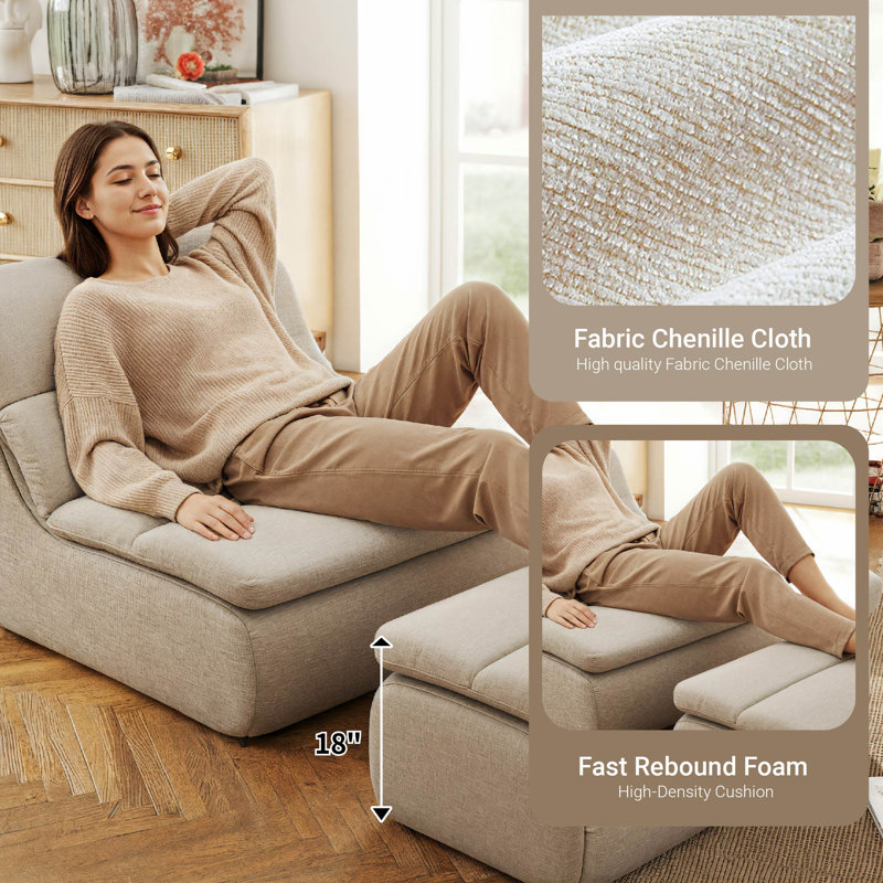 Ensemble de fauteuil à billes et repose-pieds en mousse de chenille sans accoudoirs, Chenille beige
