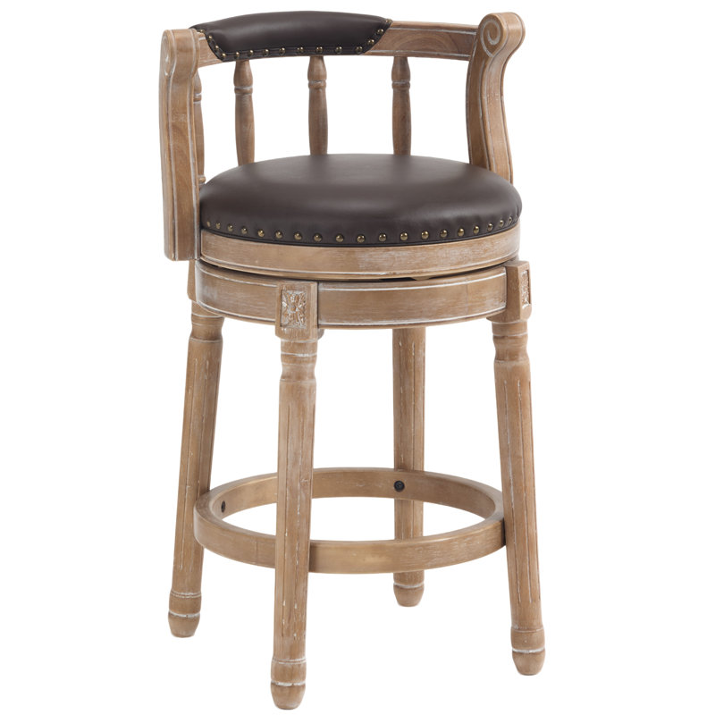 Height Swivel Stool with Back, Top-Grain Leather Upholstery, Solid Wood Legs, Beige, Counter Stool (26" Seat Height), Coffee