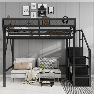 Metal Queen Loft Bed with Stairs, Storage Shelves & Wardrobe, High Loft Bed for Teens Adults, Black