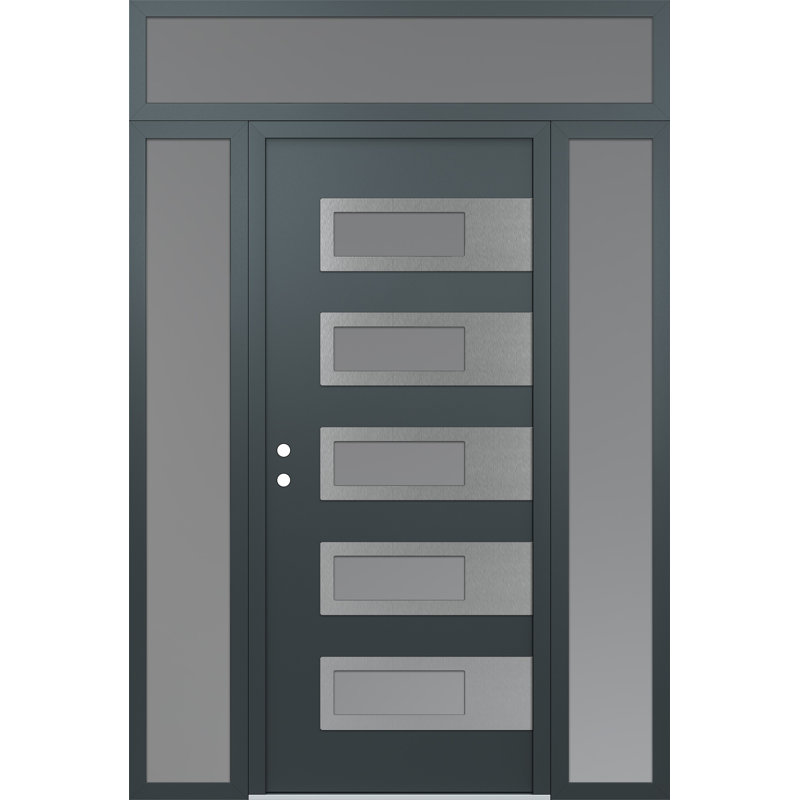 D3 60 po à droite X 96 po Panneau en acier argenté anthracite et verre givré anthracite avec 2 portes d'entrée latérales et porte avant en verre givré