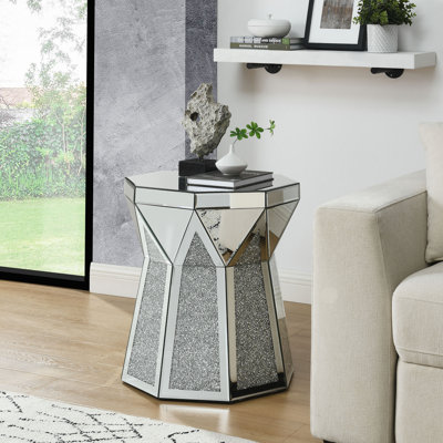Table basse de style tambour avec incrustation de cristal miroir, table décorative argentée, meuble moderne de luxe moderne, table basse de 20 po (environ 50 centimètres), convenant au salon
