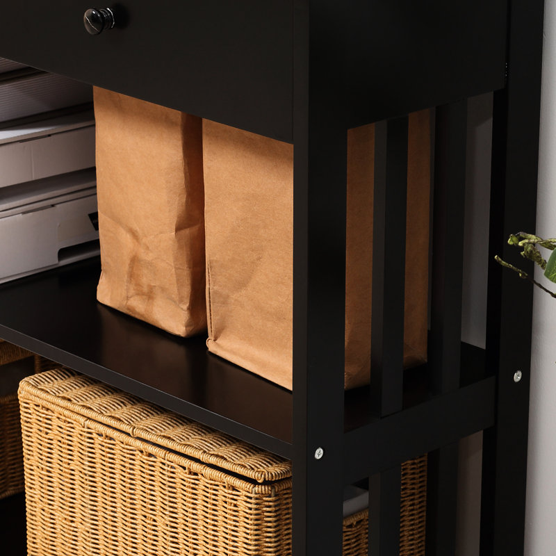 Console de couloir, noire avec tiroir extra large et 2 tablettes ouvertes, structure en lattes de bois pour le rangement de la table moderne, ornement de salon