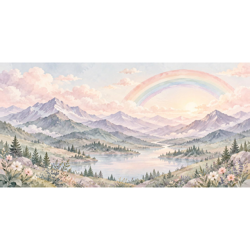 Lavender Peaks Rainbow Wallpaper Mural, Peel and Stick Kids Room Wall Mural, Watercolor Mountain Rainbow Nursery Wallpaper