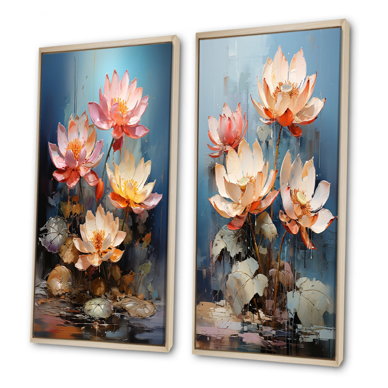 Fleurs de lotus fusionnent avec graffiti - lot de 2 décorations murales lotus, Encadrement brun, H 32 po x l 33 po