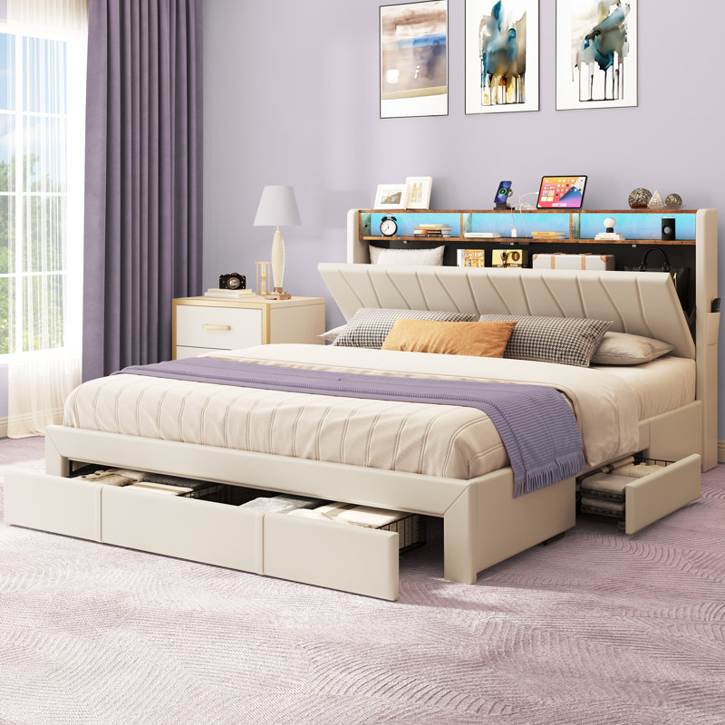 Chantise Upholstered Storage Bed with LED Lights and Built In USB Port, Beige, King
