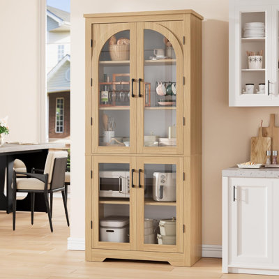 Garde-manger 70 po avec 4 portes en verre arquées et tablettes réglables, armoire de rangement, naturel