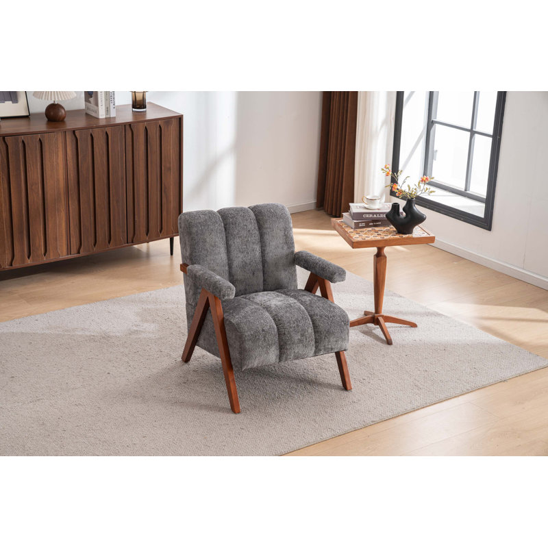 Chaise d'appoint Mid-Century moderne avec structure en bois massif et tissu chenille