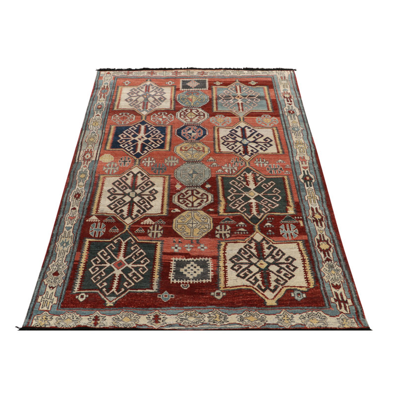 Caucasian Rug In Red, Blue And White Geometric Pattern, Rectangle 6' x 9'