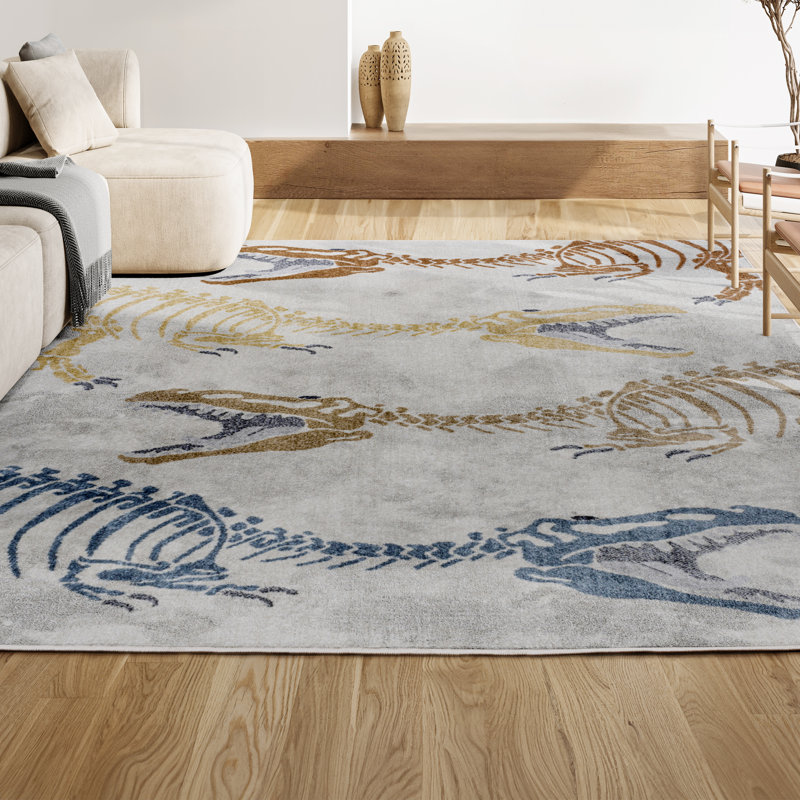 Tapis crème / multicolore pour enfants Kingdarr T-Rex, Rectangle 7 pi 10 po x 10 pi, Cream/Multi