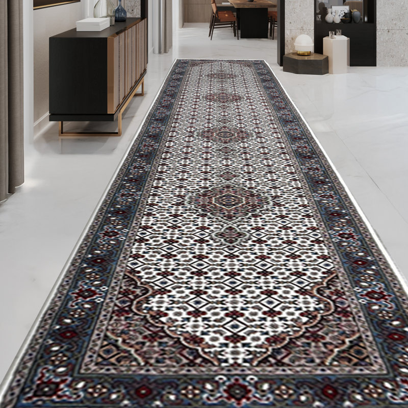 Tapis ivoire / bleu clair / rouge noué à la main de haute qualité, Tapis de couloir 2 pi 6 po x 6 pi