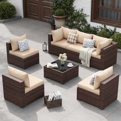 7-Piece Outdoor Wicker Patio Conversation Furniture Set With Cushions