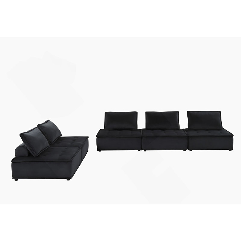 Canapé modulaire 5 pièces en velours luxueux avec repose-pieds pour un confort spacieux et une élégance moderne, Noir