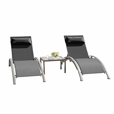 Ensemble de 3 chaises longues pour piscine, gris foncé (2 chaises longues + 1 table)