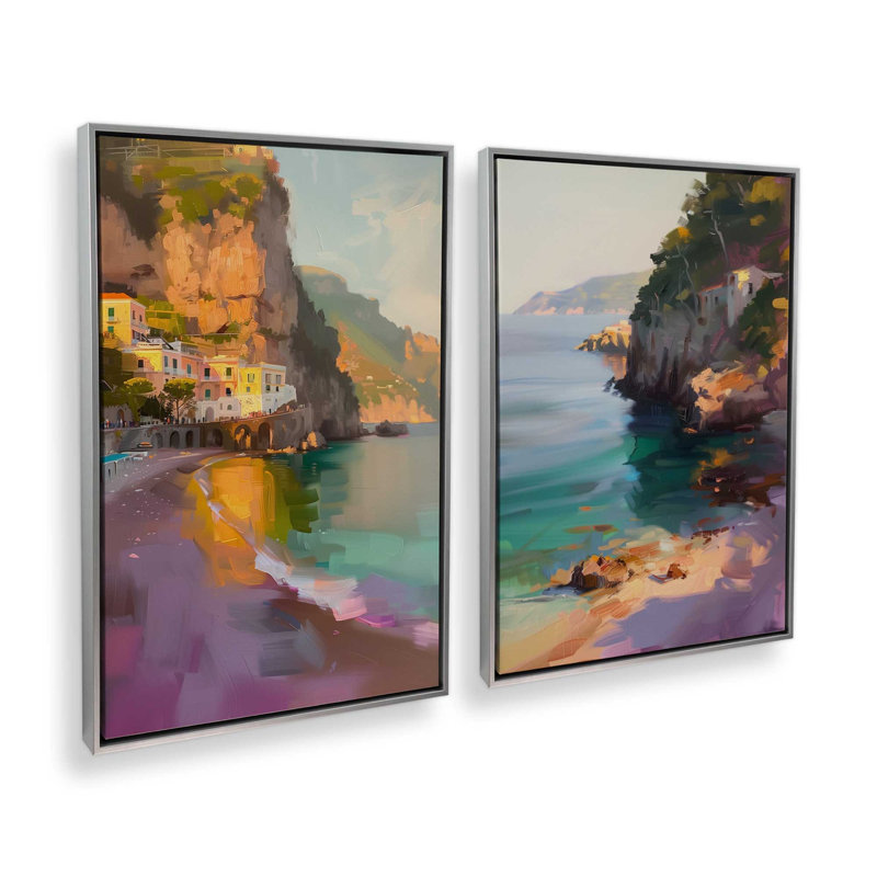 Ensemble de 2 impressions Amalfi Sunset Glow, Cadre flottant en chrome poli, 30 po x 20 po