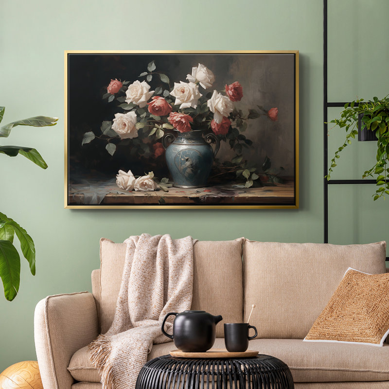 Botanique rétro - CXII, Toile avec cadre flottant or, H 27 po x l 41 po x P 2 po