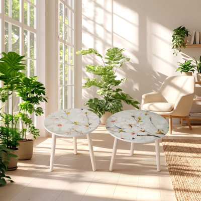 Tables d'appoint gigognes Evergreen Decor, 50 cm L x 50 cm P x 35,5 cm H, en MDF peint à motifs floraux, ensemble de 2
