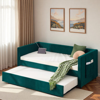Upholstered Daybed With Trundle, Usb Port And Side Pockets