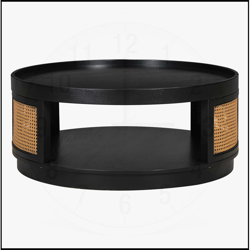 Table basse Mid-Century ronde en rotin avec rotin PE, tablette spacieuse pour le salon, design élégant et fonctionnel