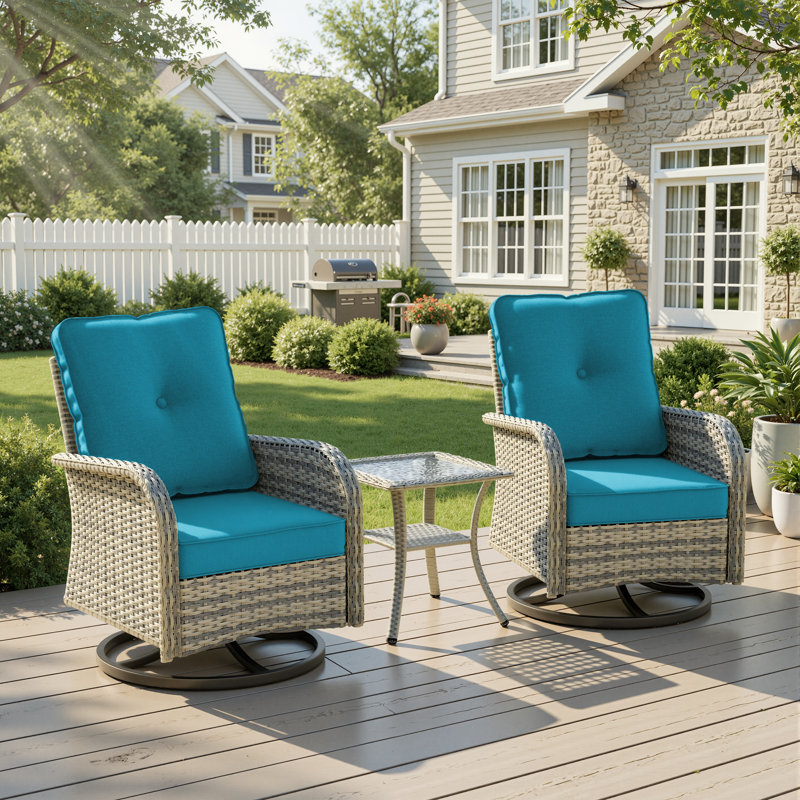 2-Person Patio Conversation Set With Rocking Swivel Chairs And Tempered-Glass Table, Turquoise Blue