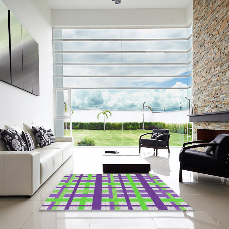 Tapis vert/mauve à motifs, Carré 5 pi