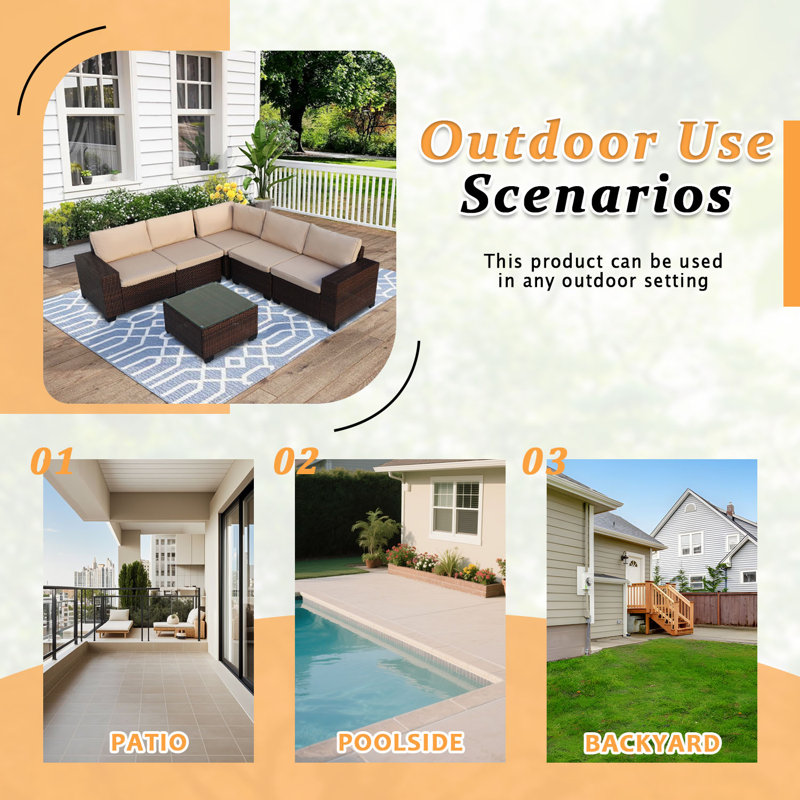 6-Piece Patio Sectional Sofa Set W/ Coffee Table & Plush Cushions - All-Weather Rattan Furniture For Porch, Garden, Backyard (Gray)