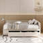 Lit plateforme simple tapissier en forme de L avec rangement et tiroirs-570319467