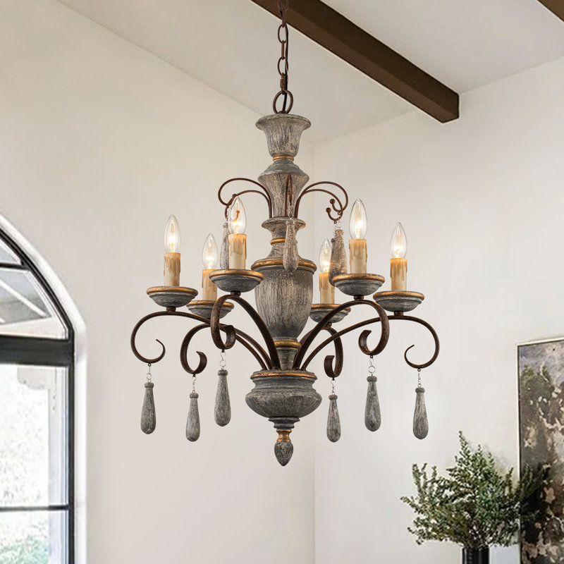 Lustre campagnard en bois 6 lumières