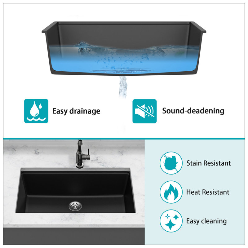 Quartz Kitchen Sink - 32X19" White Granite Composite Workstation Undermount Kitchen Sink, Noir