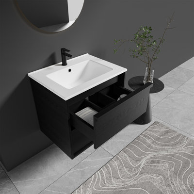 Mid-Century Modern Wall-Mounted Vanity With Soft-Close Drawers & Ceramic Sink