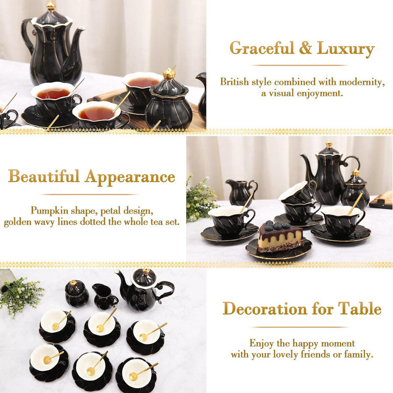 Ensemble de 22 tasses à thé et à thé en porcelaine avec garniture 22 pièces, Noir élégant