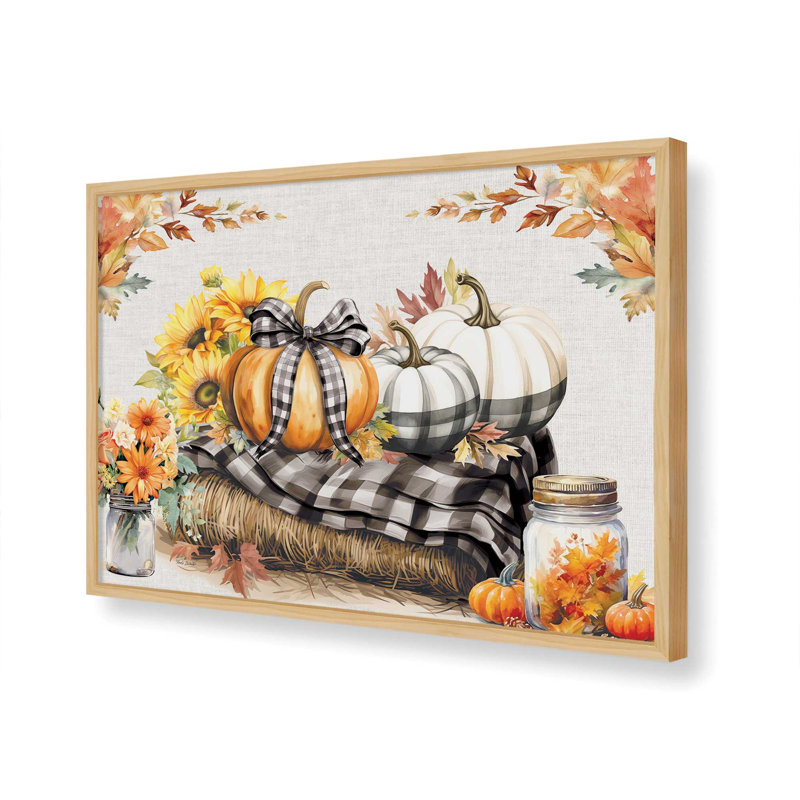 «Fall Plaid Pumpkins on Haystack» par Nicole DeCamp, reproduction d'art, Tanné, L 24 po x H 18 po, Framed Print
